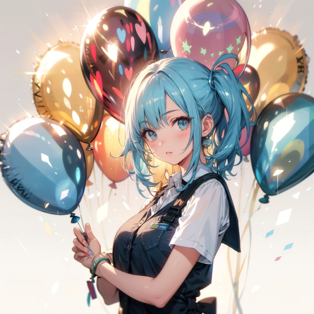 いっぱい色とりどりの風船を持つ水色髪ロングの水族館の美女職員さん | の人気AIイラスト・グラビア