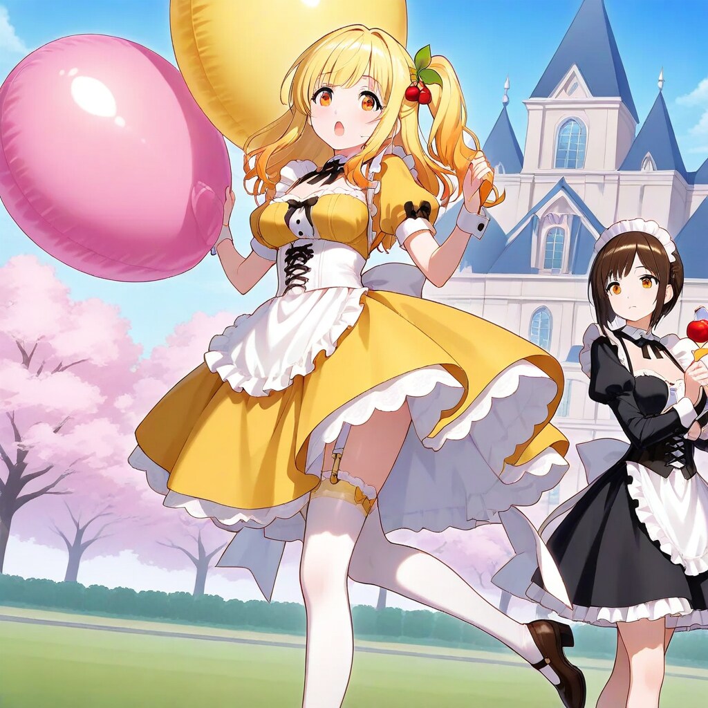 桜咲く屋敷の庭で巨大風船を膨らませて遊ぶメイド服のブロンド美女