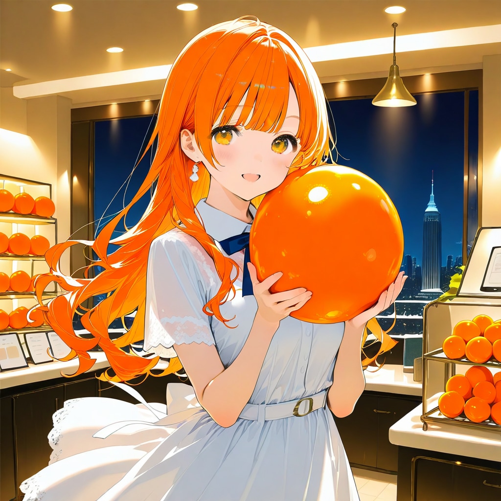 オレンジ色の風船を持つオレンジ髪ロングの店員さん