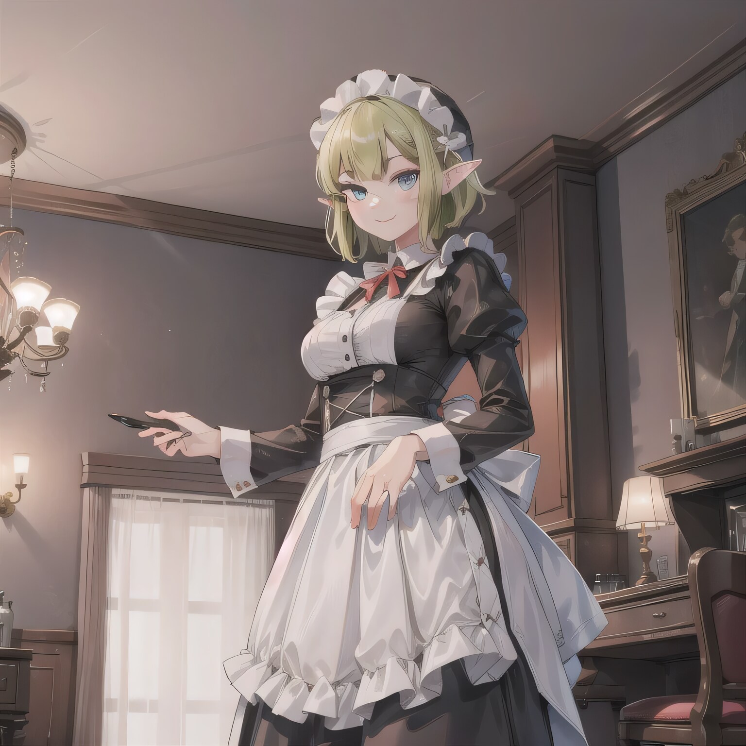 緑髪ボブでメイド服の少女２ | の人気AIイラスト・グラビア