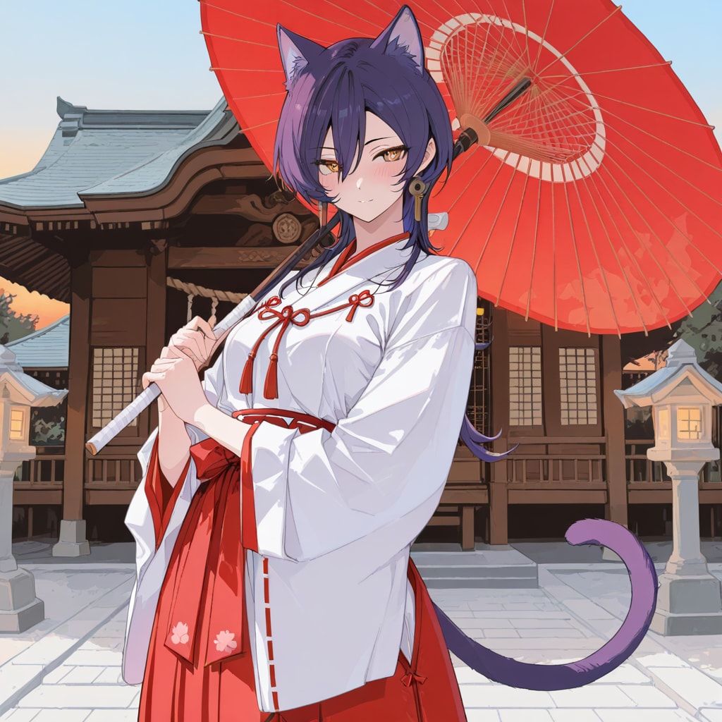 猫耳巫女と赤い和傘