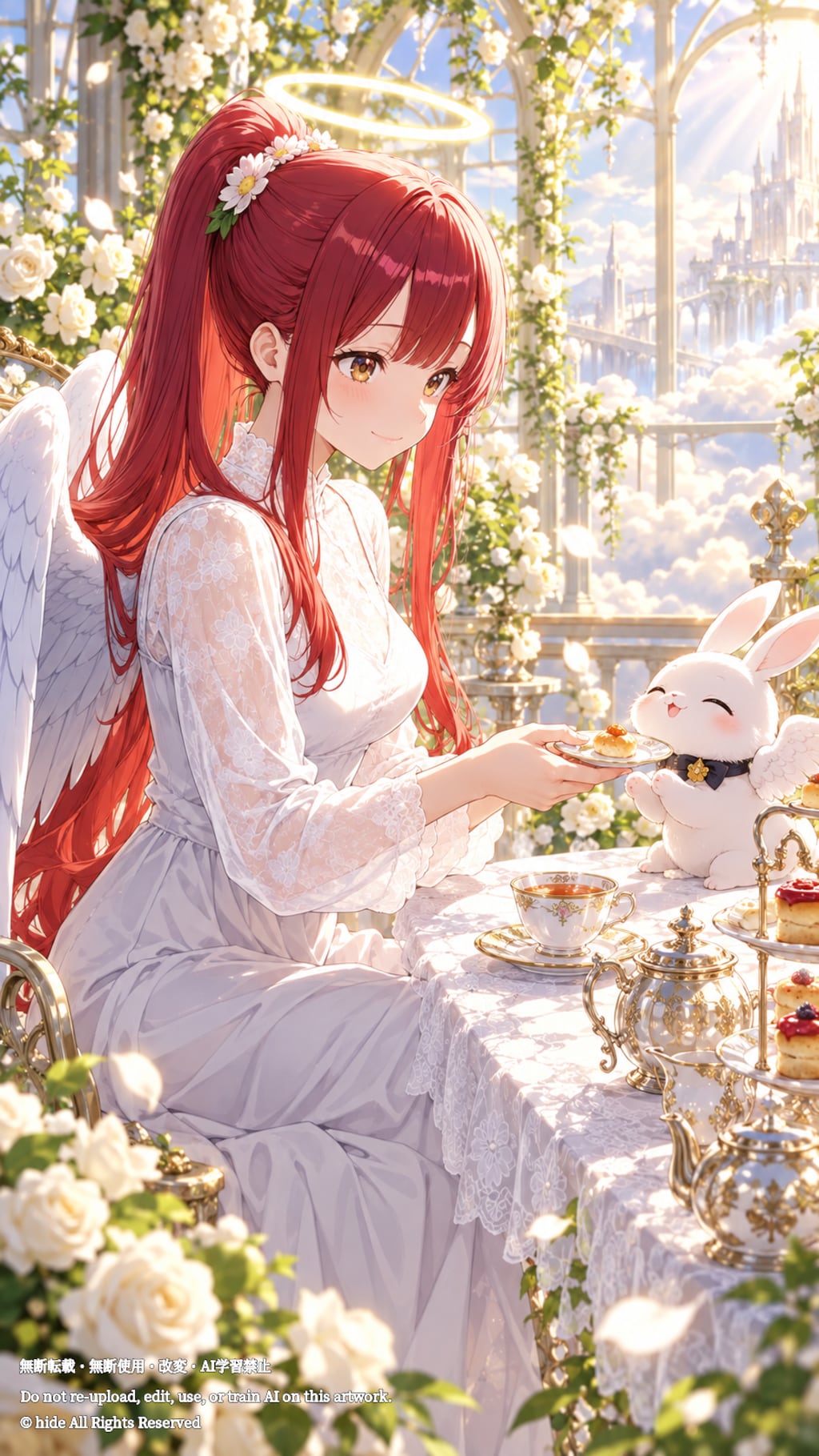 ミカエルさん、温室でうさぎ天使さんとお茶を