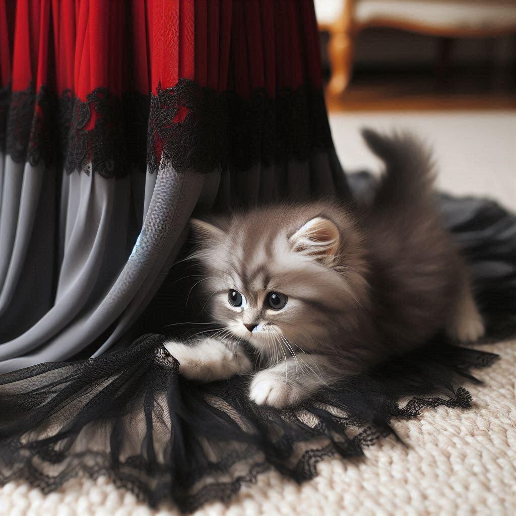 スカートで遊ぶ猫。