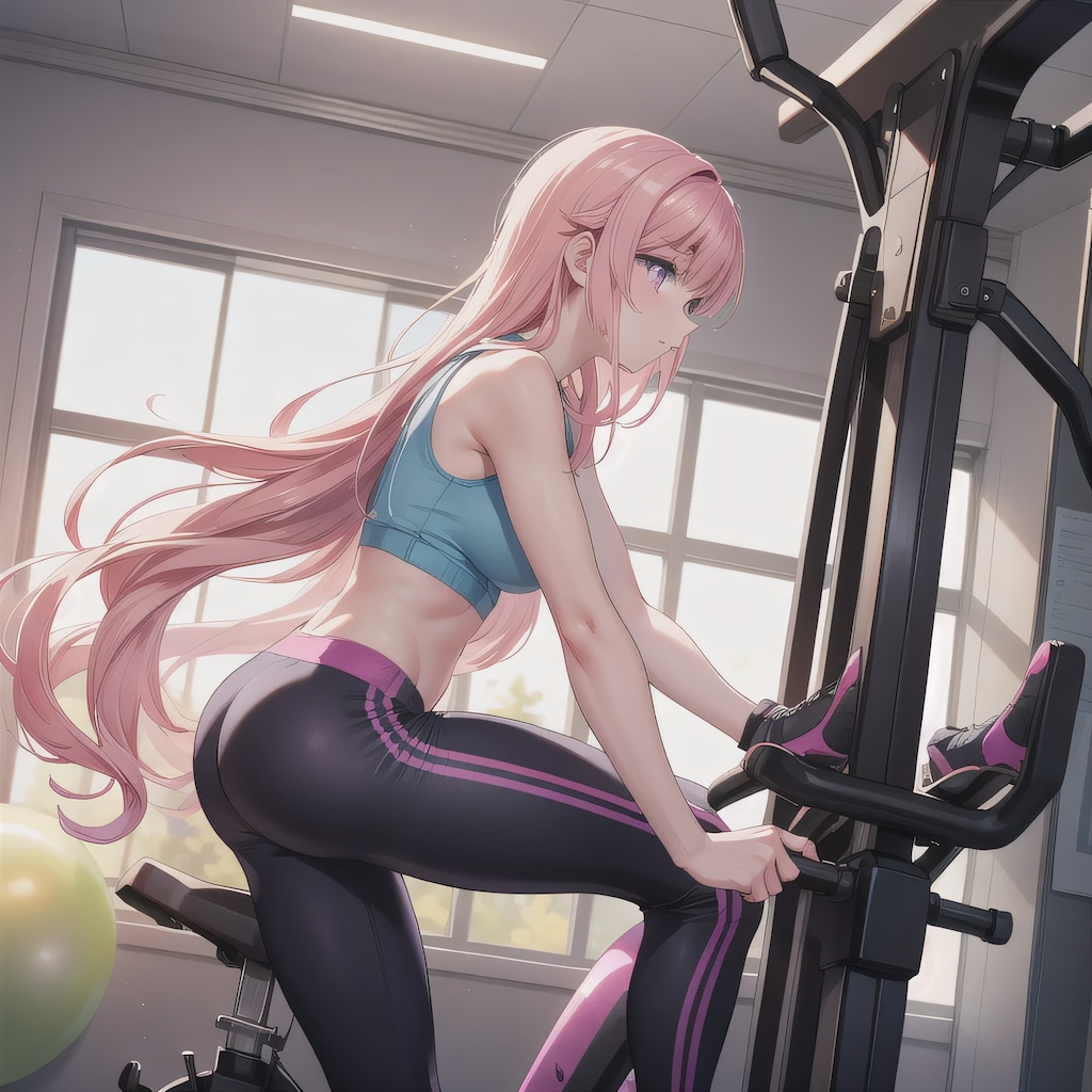 ピンク髪ロングでエアロバイクの少女２