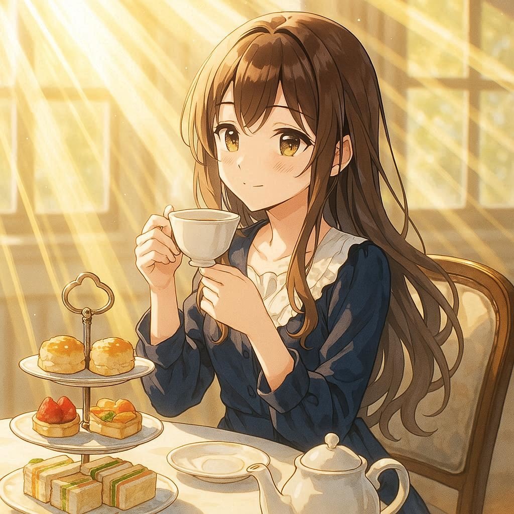 『多数の光線が降り注ぐ中でティータイムを楽しむお嬢様。』(GPT-4o版)