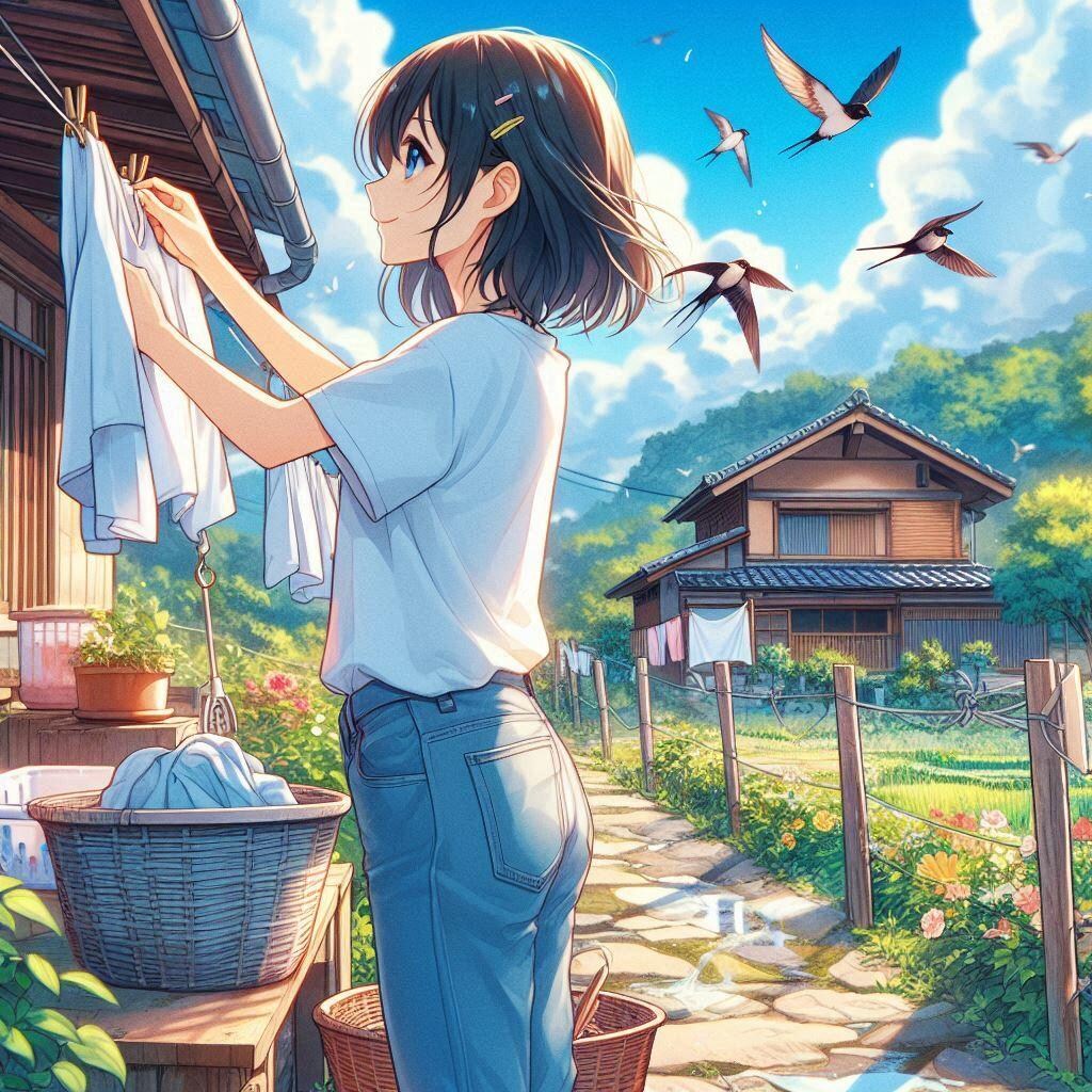 おねえさんと洗濯物とツバメ