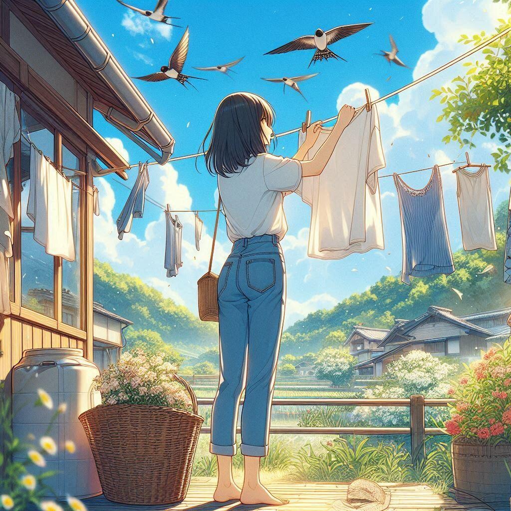 おねえさんと洗濯物とツバメ