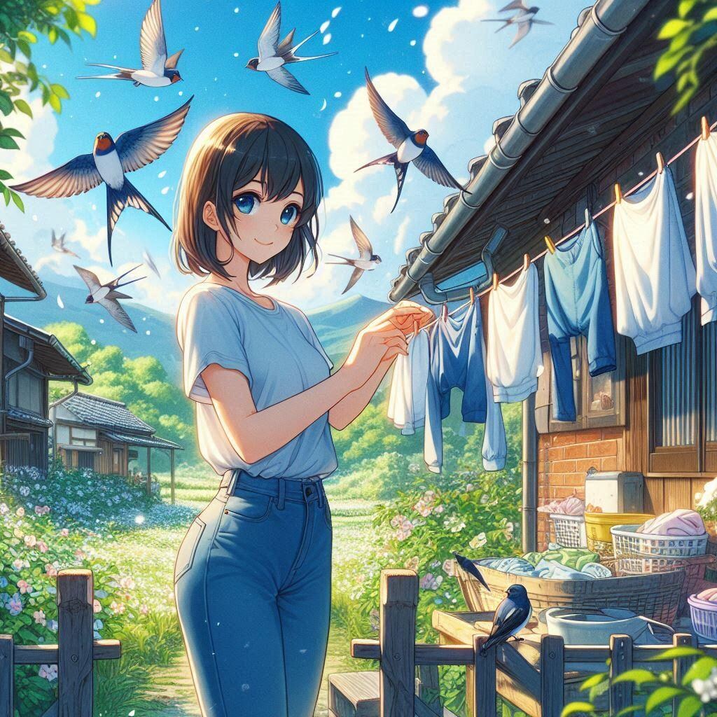 おねえさんと洗濯物とツバメ