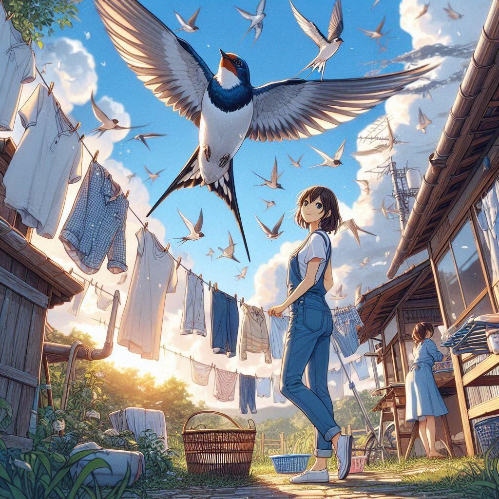 おねえさんと洗濯物とツバメ