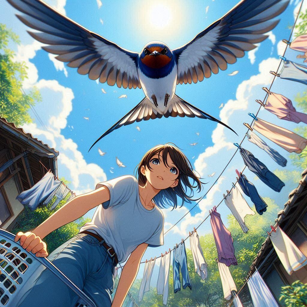 おねえさんと洗濯物とツバメ