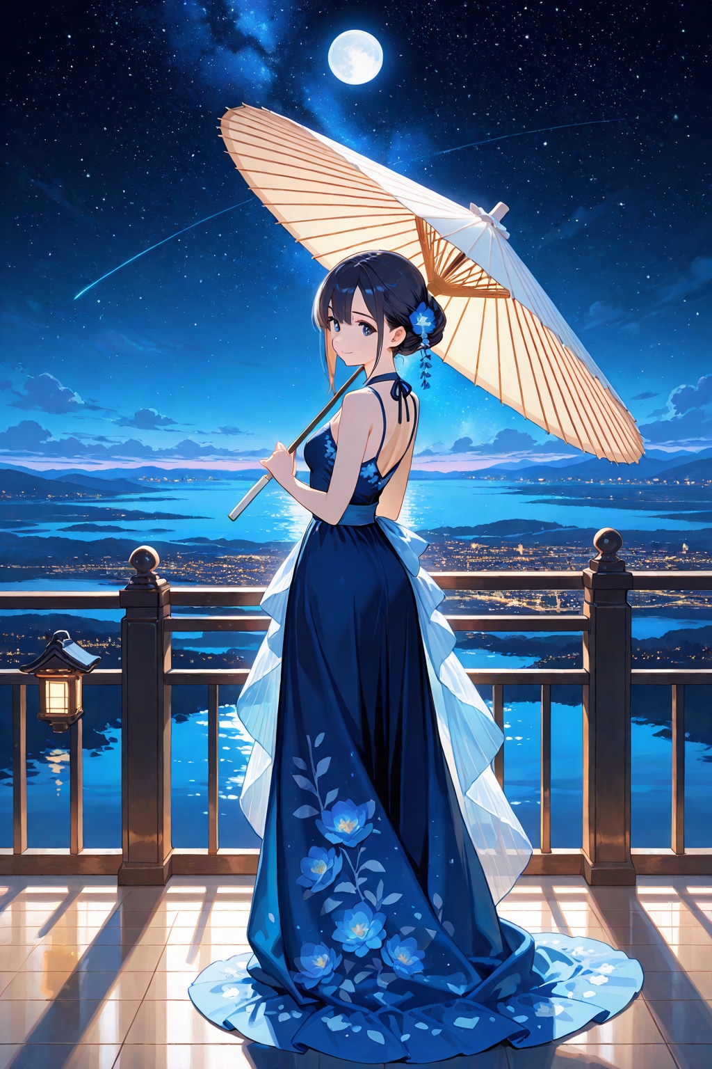 月夜の星空と青いドレス