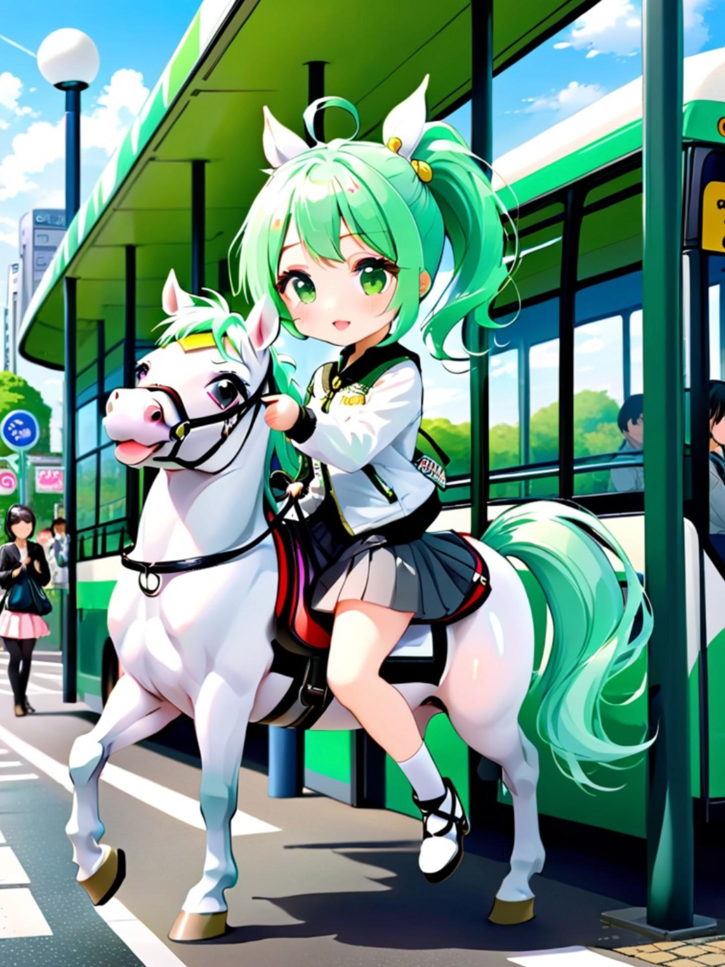 馬に乗る緑髪ちゃん