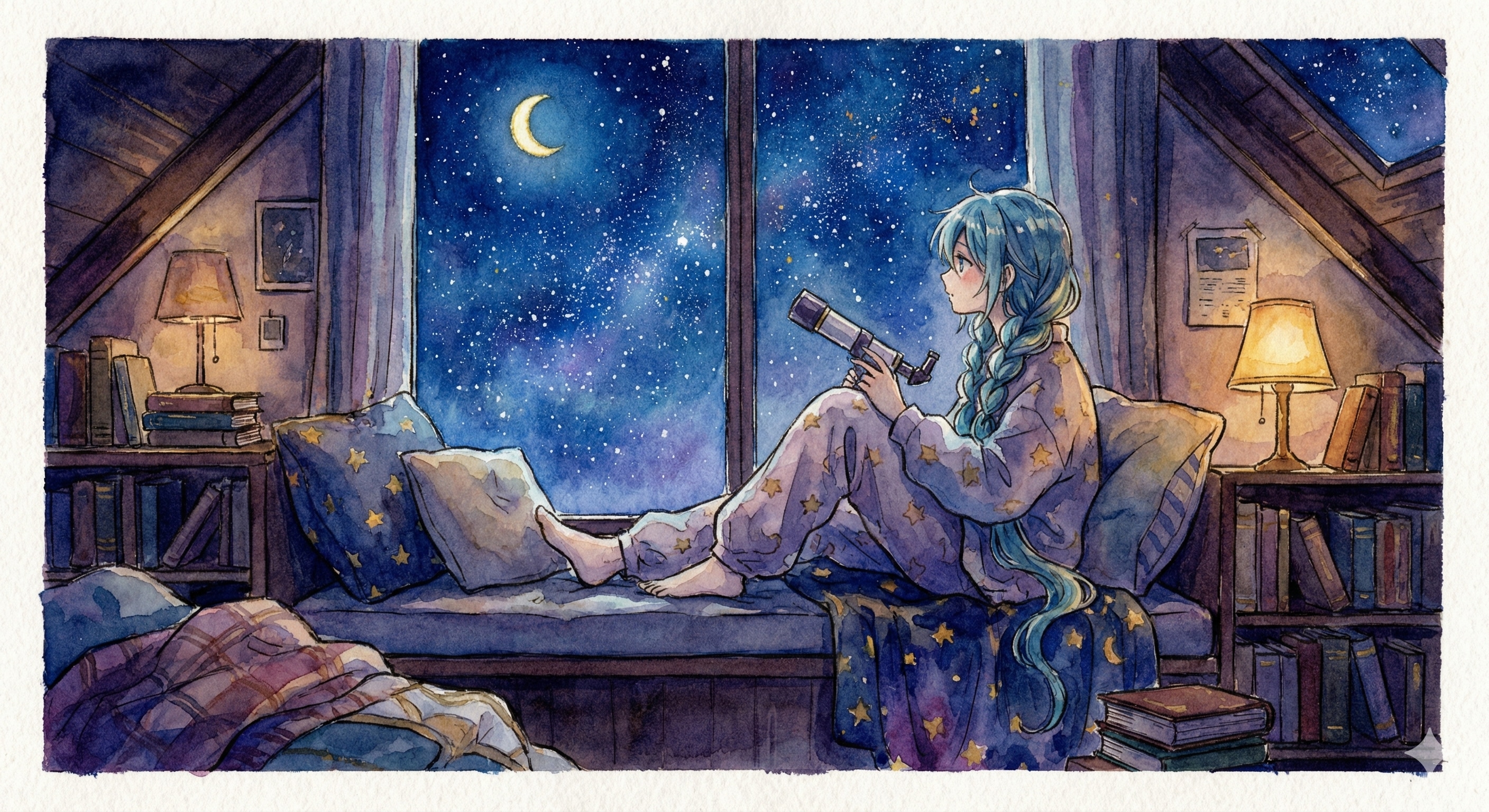 水彩画ミクさん　パジャマのままで、星の海へ | の人気AIイラスト・グラビア