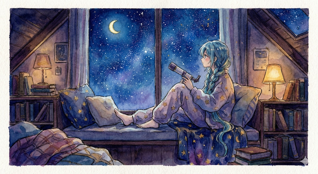 水彩画ミクさん　パジャマのままで、星の海へ