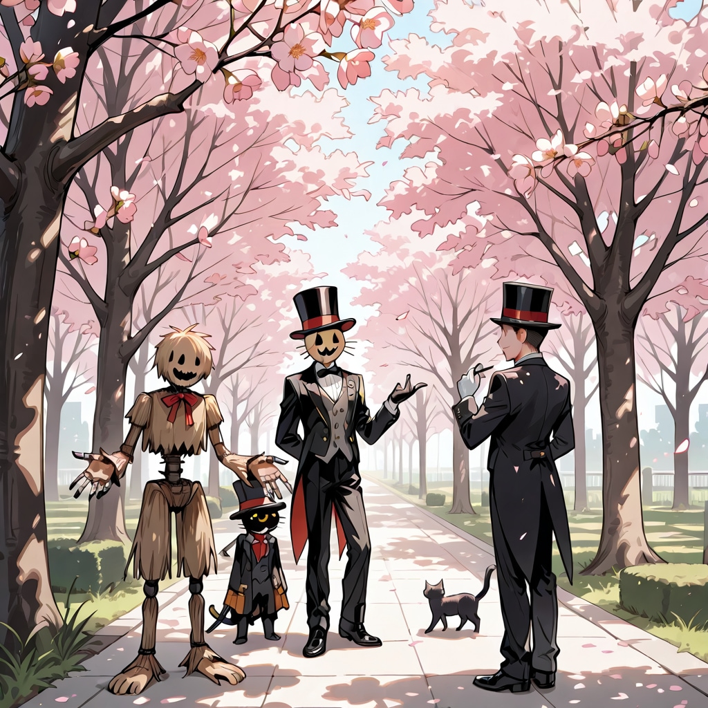 桜並木の案山子と猫260420