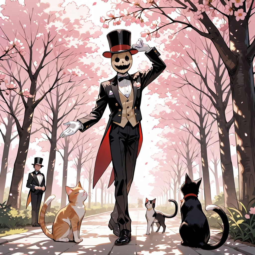 桜並木の案山子と猫260420