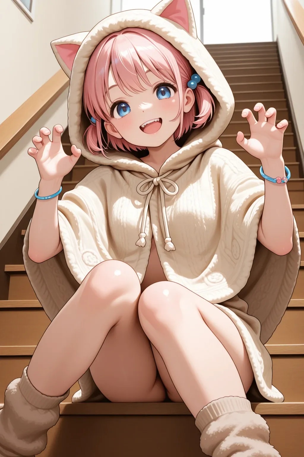 階段に座っているアカリちゃん