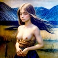 日本の田園風景をバックに明治時代をイメージした美少女の裸婦画 10枚目