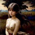 日本の田園風景をバックに明治時代をイメージした美少女の裸婦画 9枚目