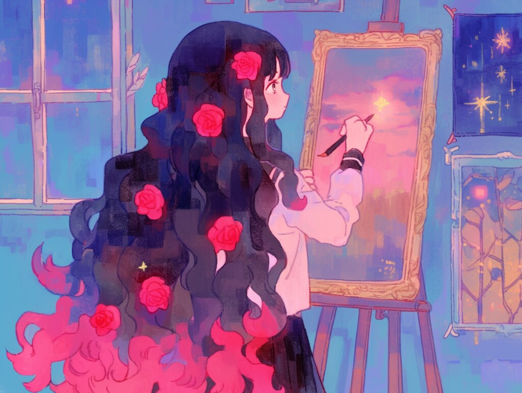 絵を描く少女の後ろ姿