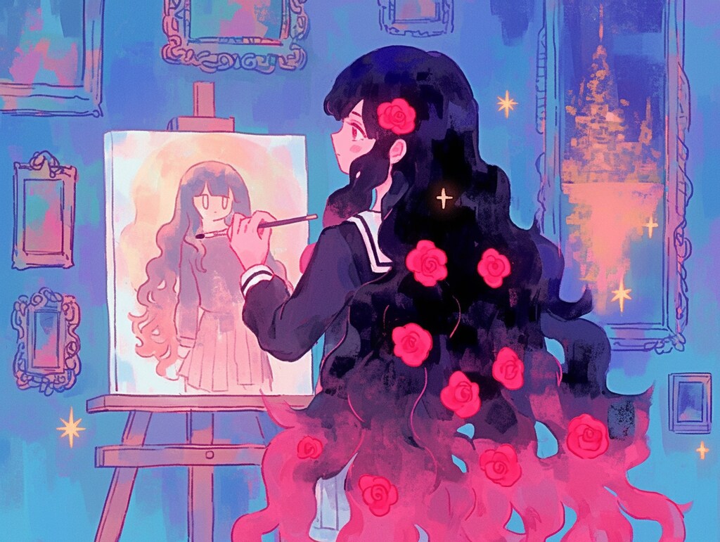 絵を描く少女の後ろ姿