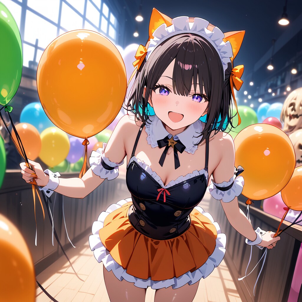 ハロウィンパーティーでいっぱい風船を持つハロウィン衣装の美女。