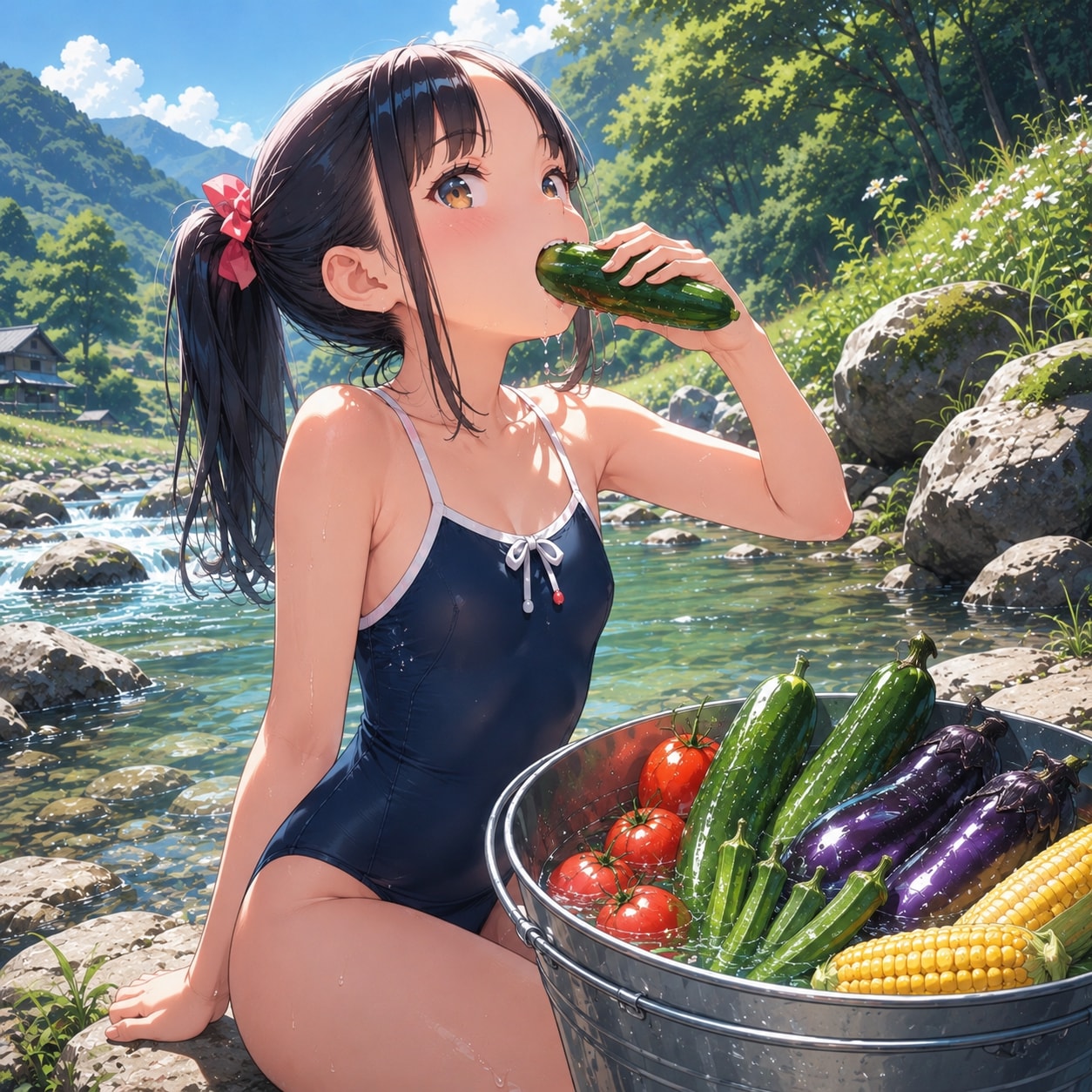 夏野菜を美味しくいただく女の子