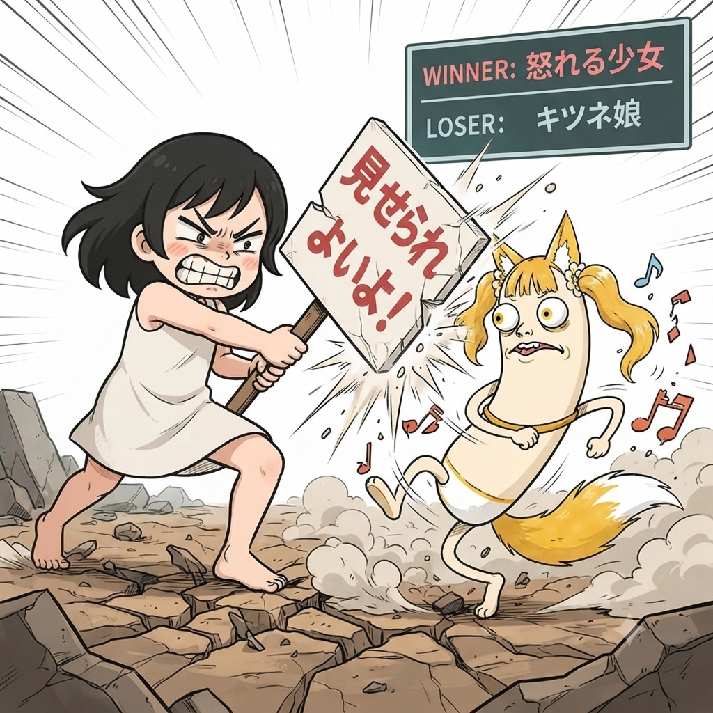 (闇バトル) 選手A: 怒れる少女(見せ子) vs 選手B: キツネのツインテール・クリーチャー(反動ミラ)
