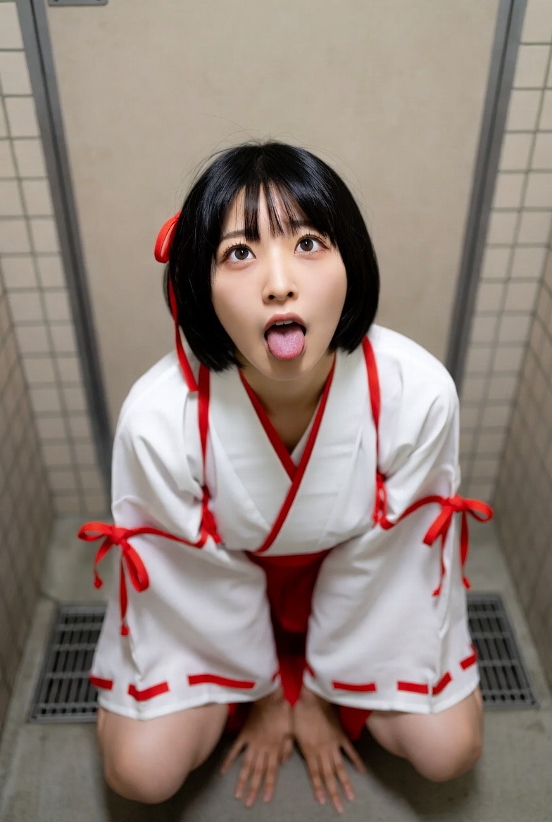 巫女、トイレで舌出し2