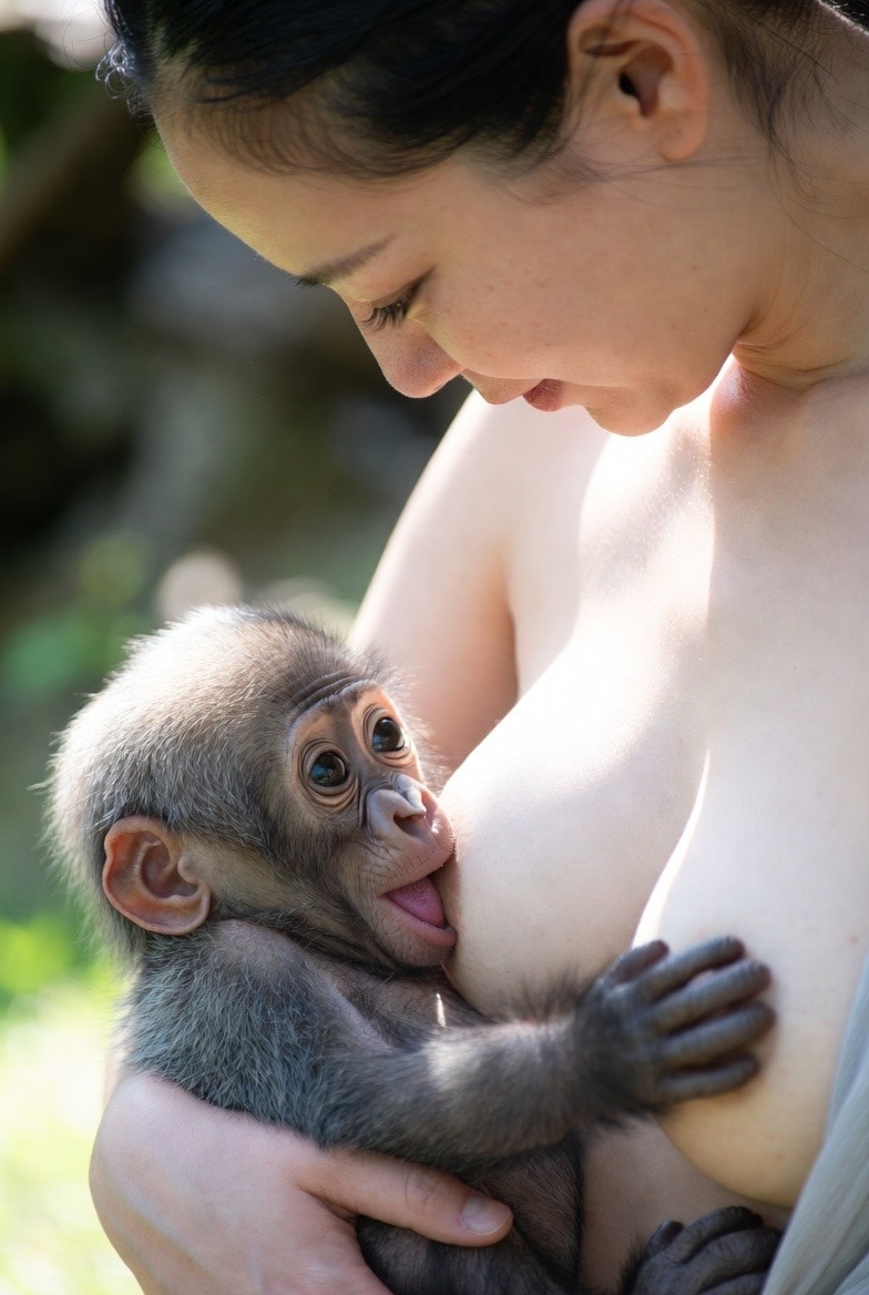 ゴリラの赤ちゃんに授乳する女性