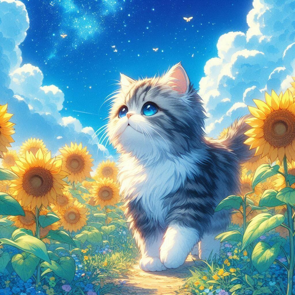 ひまわり畑と猫ちゃん