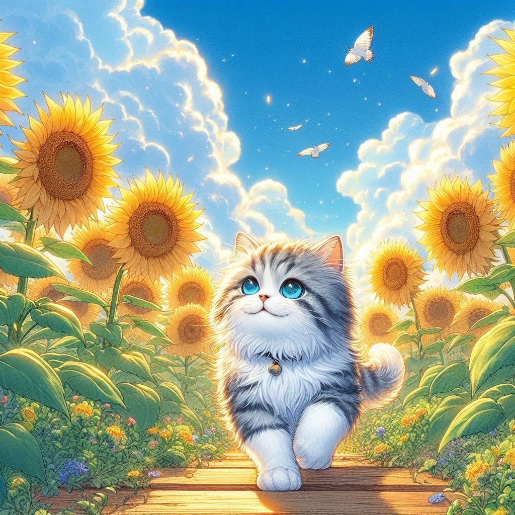 ひまわり畑と猫ちゃん