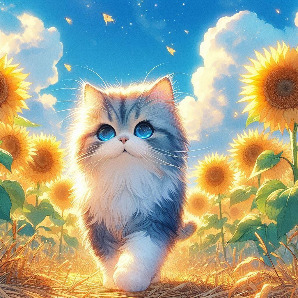 ひまわり畑と猫ちゃん