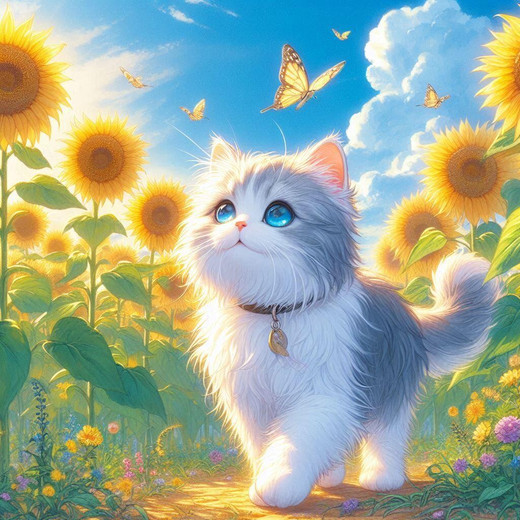 ひまわり畑と猫ちゃん