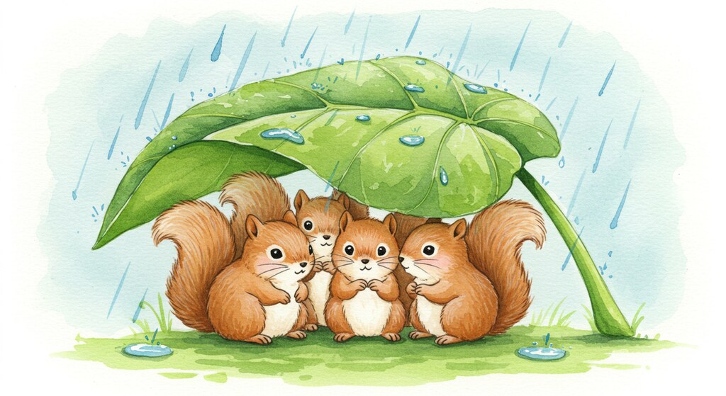 葉っぱの下で雨宿り