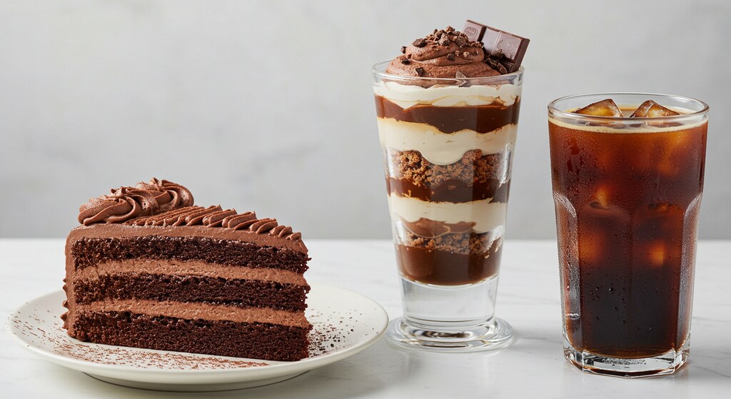 デザートのチョコレートケーキとチョコレートパフェのセット