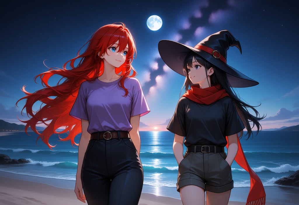 月夜の海辺を散歩されるリーゼロッテさんと魔女さんの