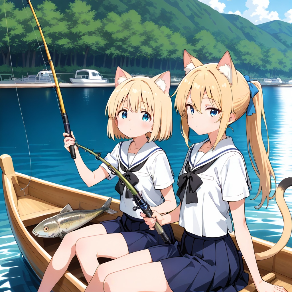 猫耳女子高生のボートフィッシング | の人気AIイラスト・グラビア