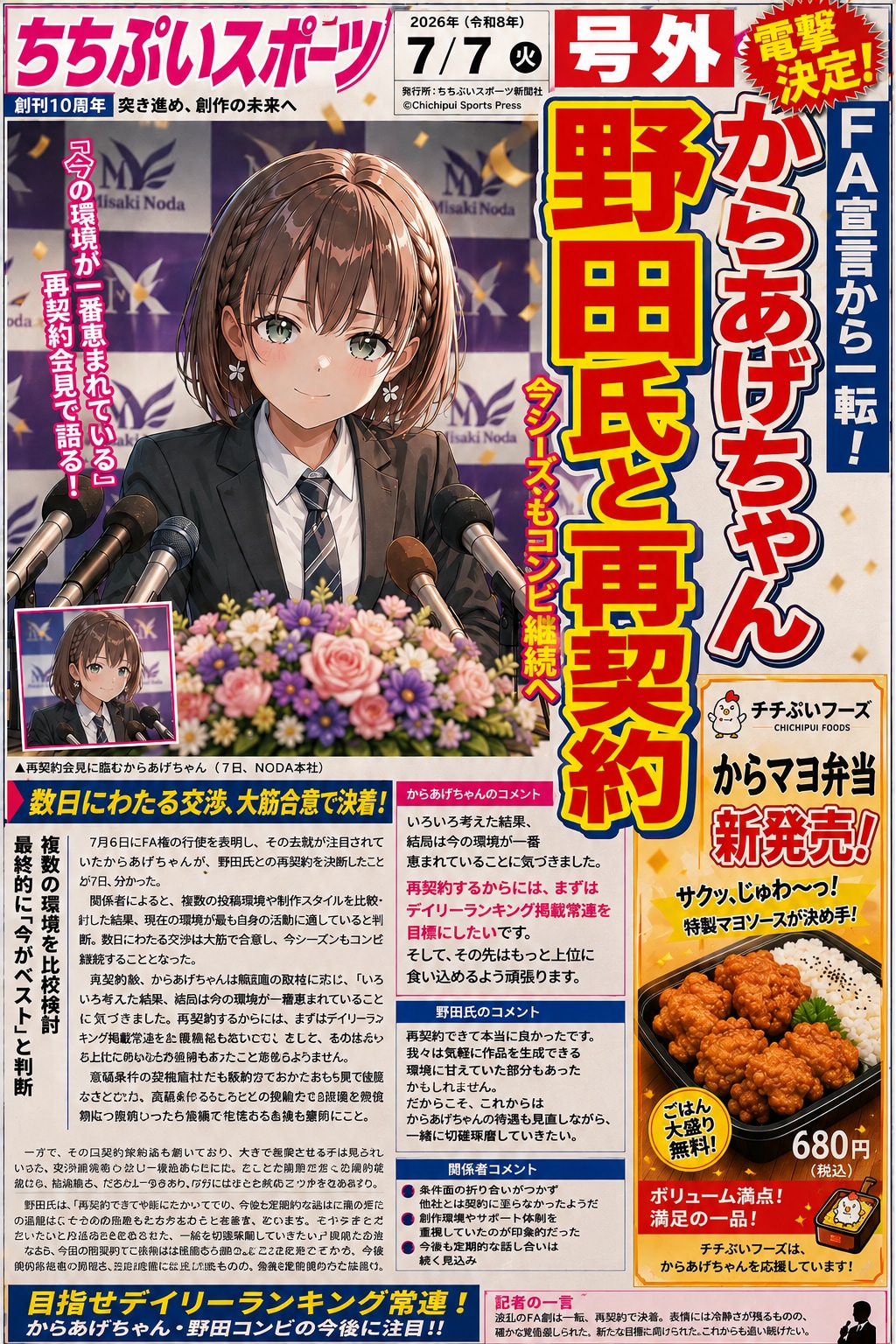 【速報】FA宣言から一転、からあげちゃん  野田氏と再契約