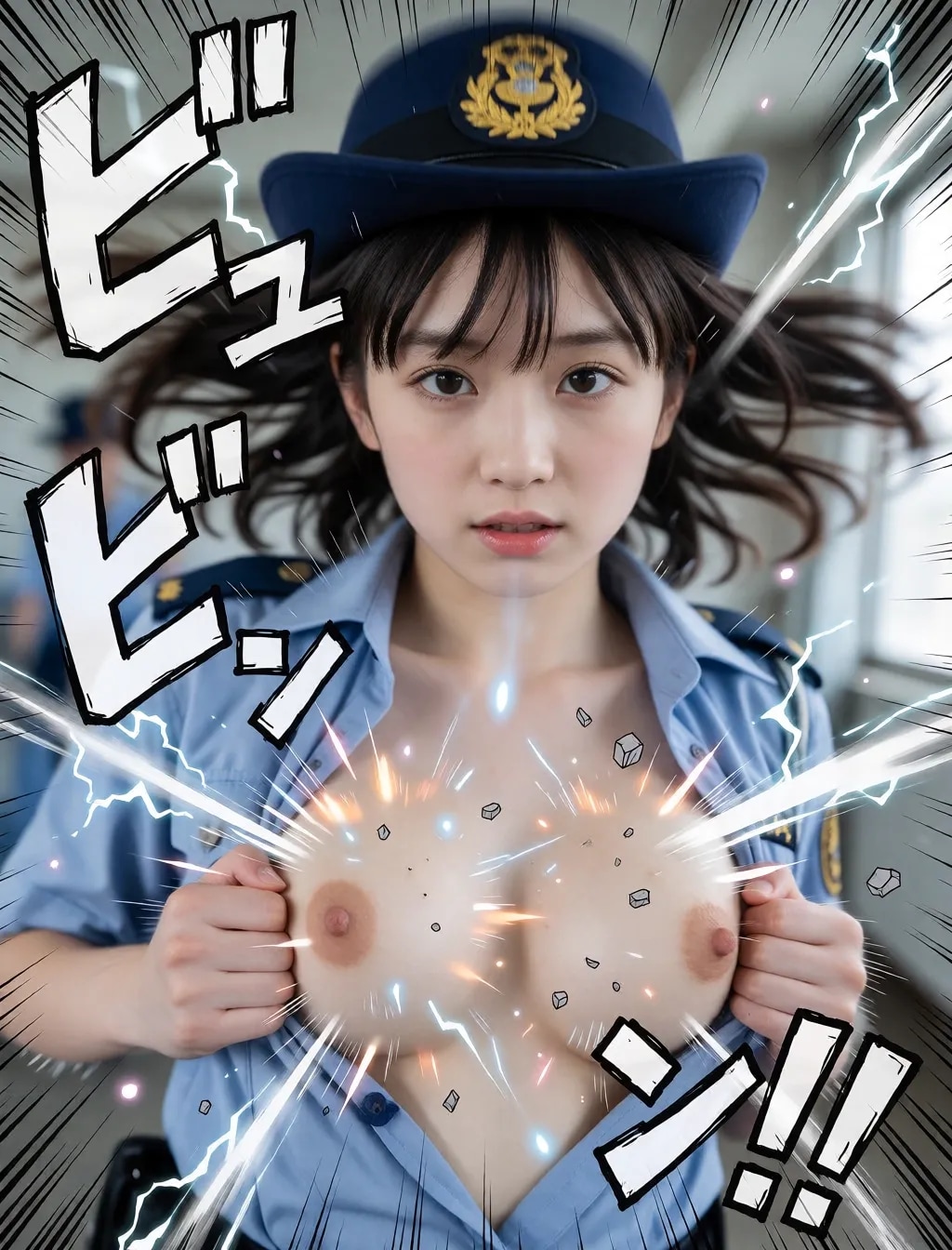 勢いよく胸を出す女性警官