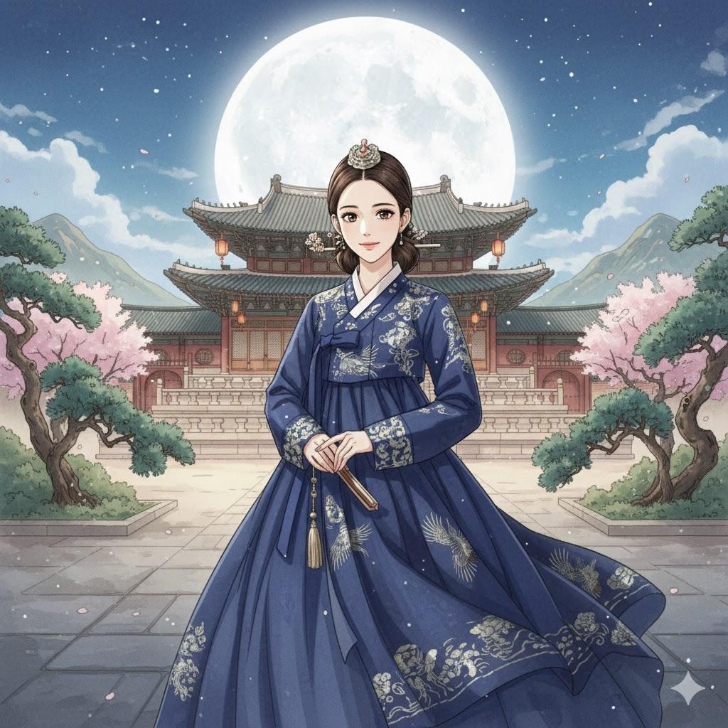 チマ・チョゴリの女性と桃の花