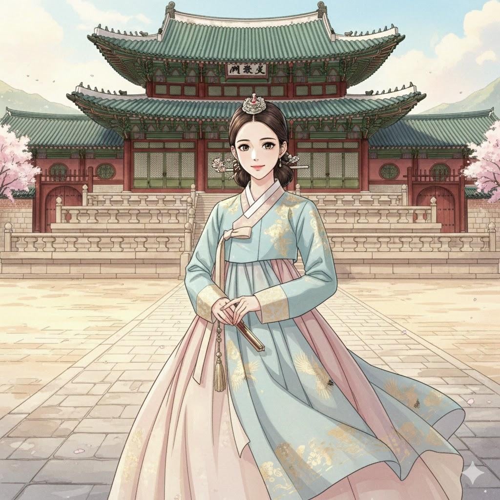 チマ・チョゴリの女性と桃の花