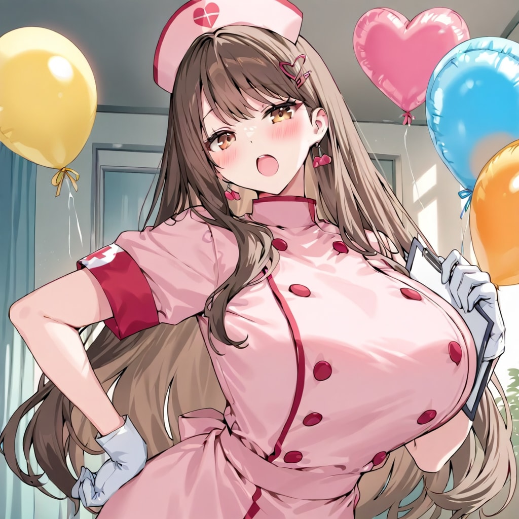 いっぱい色とりどりの風船を持つブラウンロングのナース服着た美女