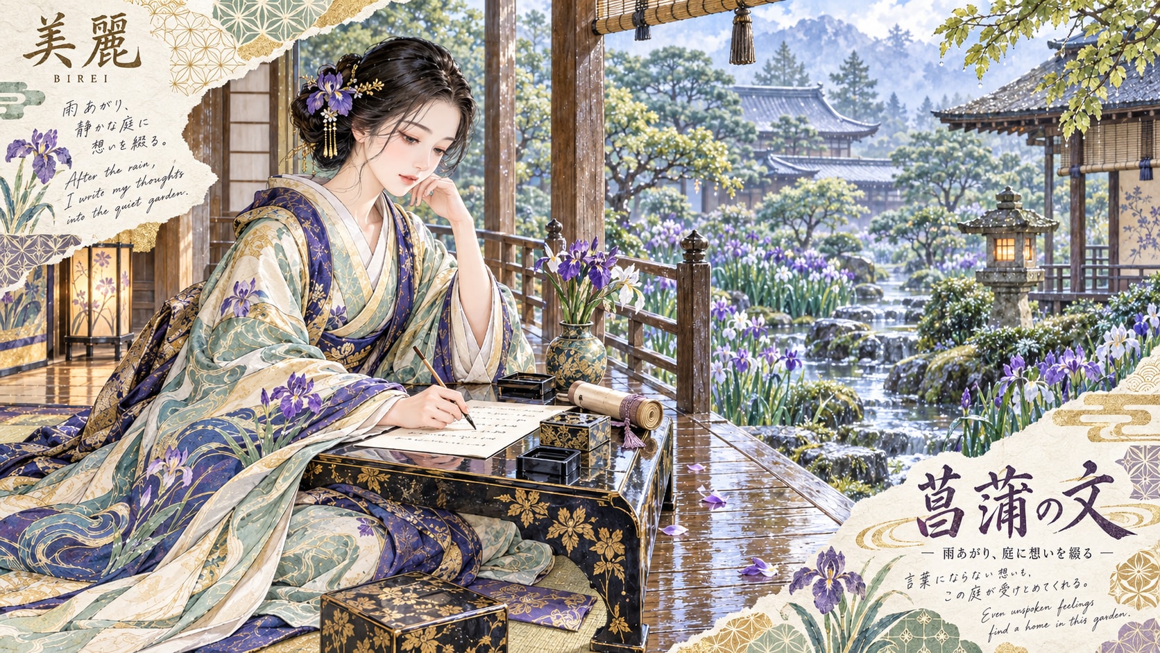 A letter written by hand on a rain-washed veranda, iris blooming quietly along the garden stream.  A | の人気AIイラスト・グラビア