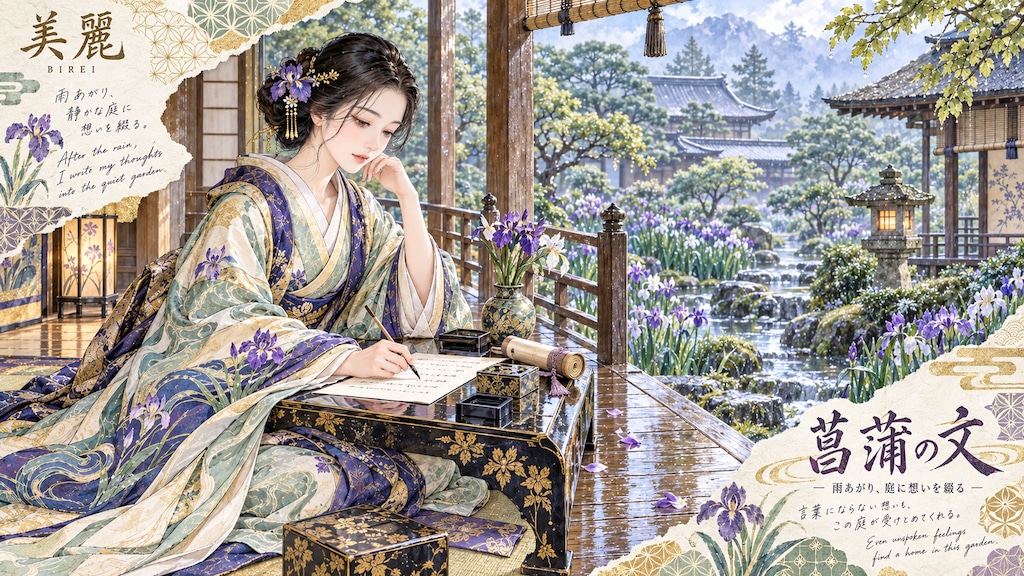 A letter written by hand on a rain-washed veranda, iris blooming quietly along the garden stream.  A