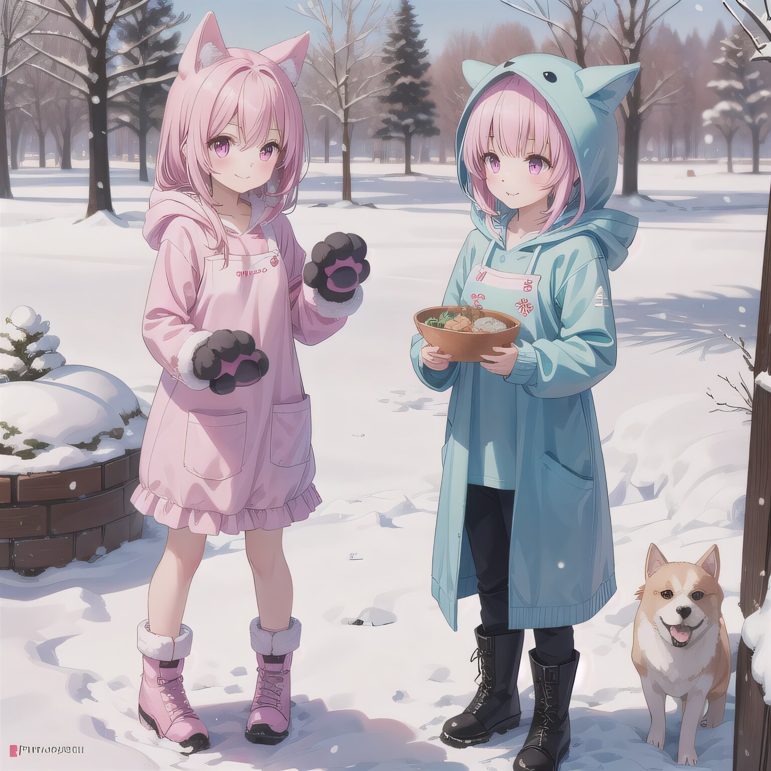 ピンク髪ボブでコートの少女たち | の人気AIイラスト・グラビア