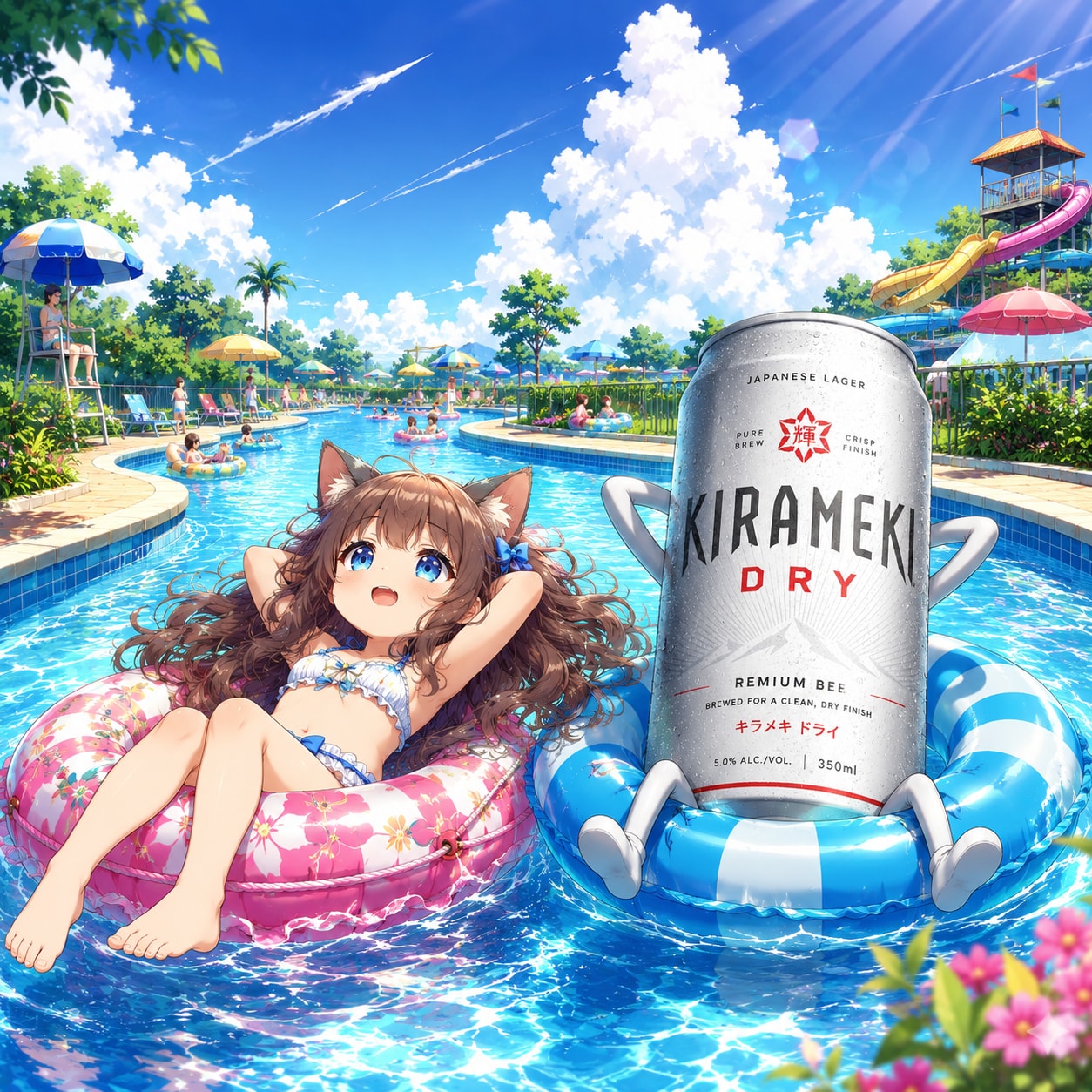 流れるプールのビール缶と小さな女の子