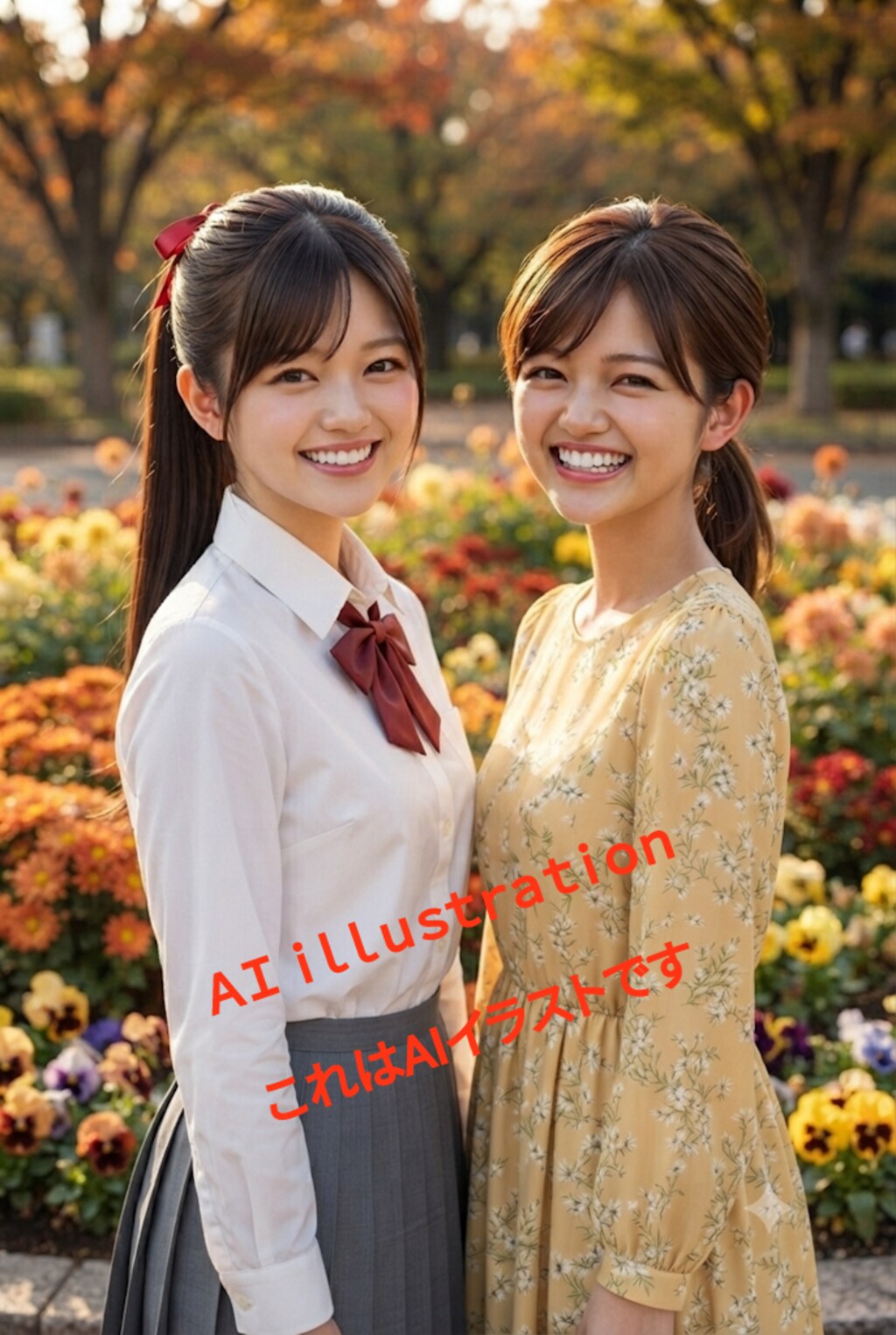 初恋のポニーテール美少女と、 かつての職場の年下の同期の子。  本来なら交わらないふたりだけど、AIイラストの中で触れるほどすぐ近くに並べてみた。  同期の子よ…