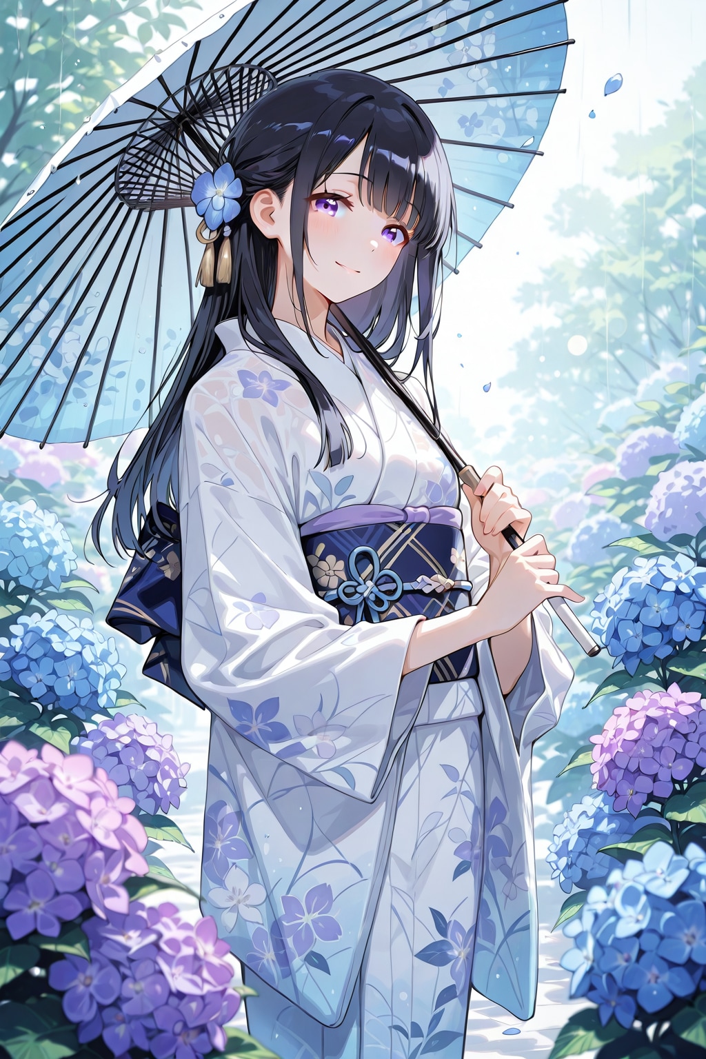 和傘を差した紫陽花美少女