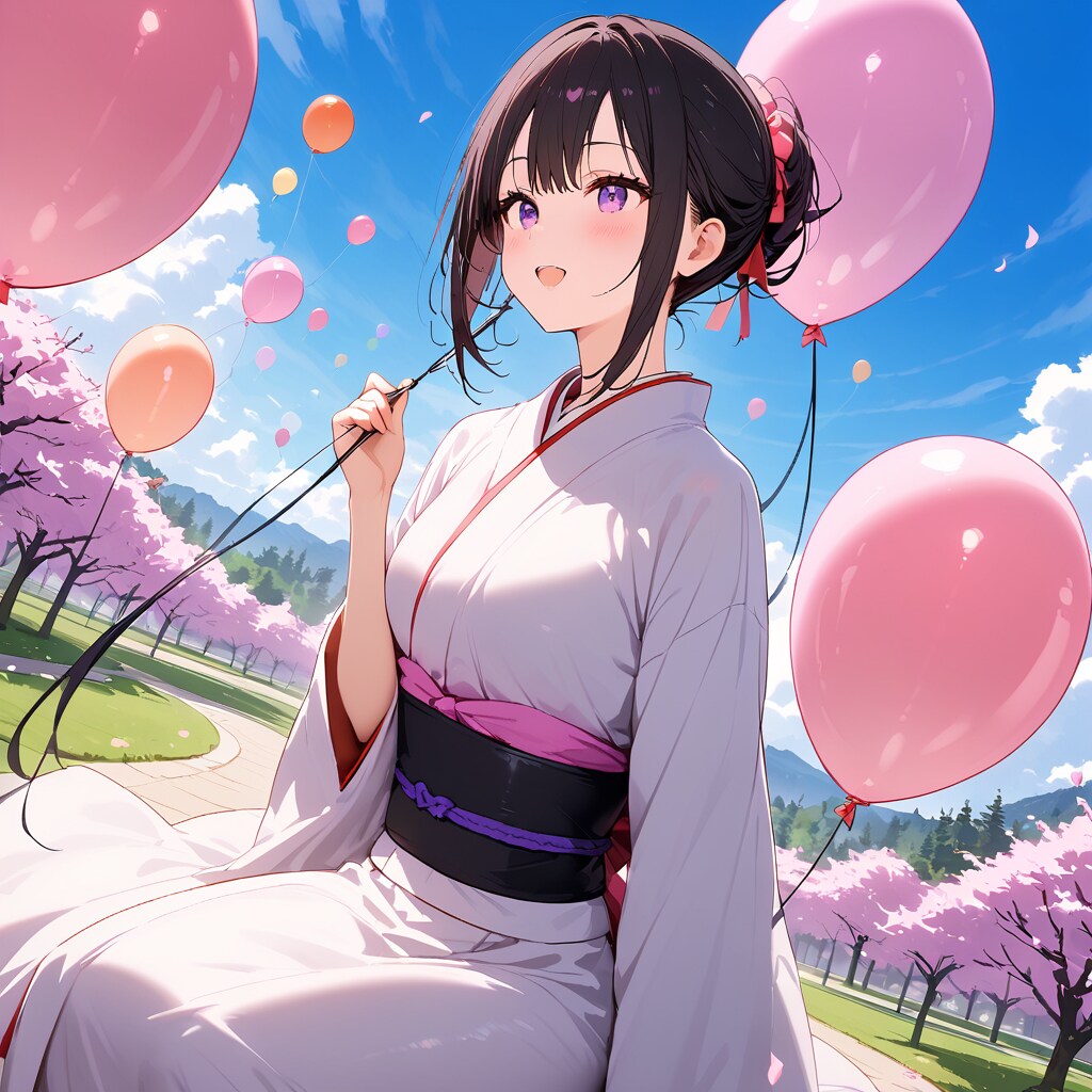桜咲く公園でいっぱい風船を膨らませて遊ぶ着物の美女